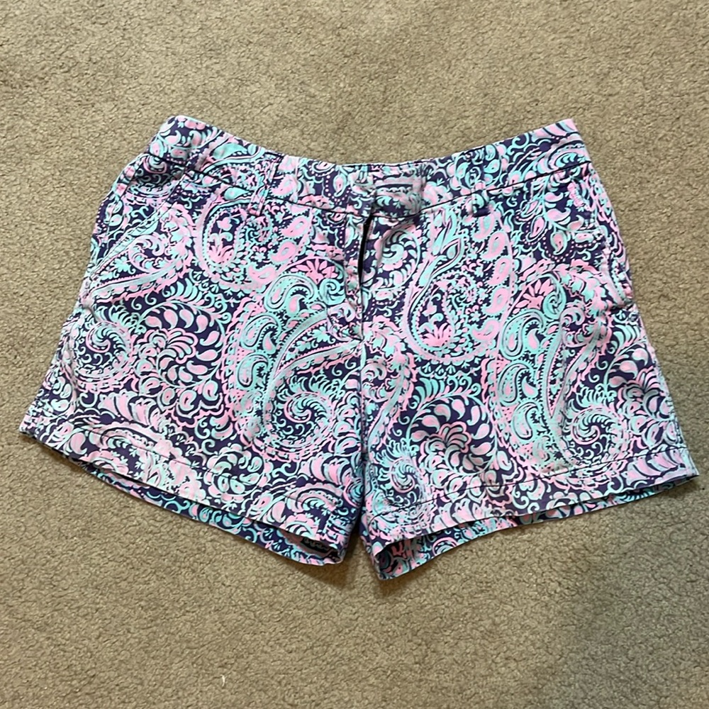 Cambridge Dry Goods Pink/Blue/Purple Paisley Design Chino Micro Shorts, Size 2